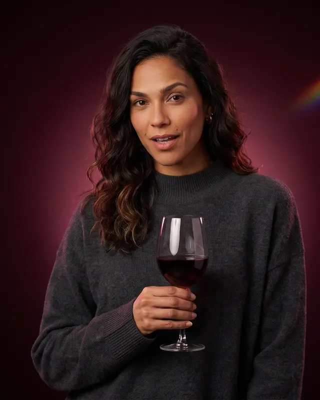 Ana, sua amiga na Sense, segurando uma taça de vinho